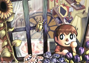 1boy animal_crossing blue_flower brown_hair butterfly_net cake cake_slice candy closed_mouth commentary english_commentary flower food fossil game_console gamecube hand_net indoors j-stein looking_outside male_focus nintendo pink_flower pitfall_seed purple_flower purple_tulip rug shovel slingshot_(weapon) smile solo stag_beetle sunflower teapot television trophy tulip villager_(animal_crossing) wrapped_candy