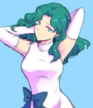 Rule 34 | 1girl, aqua hair, armpits, arms up, bishoujo senshi sailor moon, blue background, blue bow, bow, elbow gloves, female focus, gloves, hiki-wota, kaiou michiru, light smile, long hair, parted bangs, simple background, sleeveless, solo