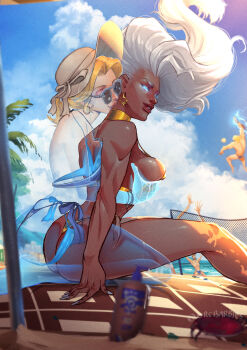 ass beach beach_mat beach_umbrella bikini blonde_hair blue_bikini blurry blurry_foreground breasts cheating_(relationship) crab dark-skinned_female dark_skin earrings fantastic_four glowing glowing_eyes gold_bikini groping highres invisible jewelry kiss kissing_neck male_swimwear marvel marvel_rivals orcbarbies partially_invisible reed_richards side-tie_bikini_bottom smile storm_(x-men) sue_storm sunglasses swim_briefs swimsuit thighs thor_(marvel) umbrella volleyball white_hair x-men yuri