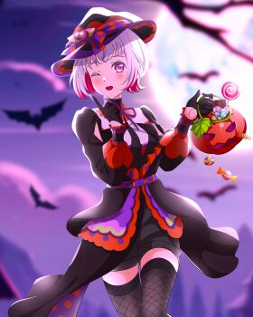 1girl ;d absurdres black_gloves black_hat black_shorts black_thighhighs candy colored_inner_hair commentary cowboy_shot fishnet_thighhighs fishnets flipped_hair food full_moon gloves half_gloves halloween halloween_bucket hat highres holding kujo_awenn link!_like!_love_live! lollipop long_sleeves looking_at_viewer love_live! moon multicolored_hair neck_ribbon one_eye_closed open_mouth pink_eyes puffy_long_sleeves puffy_sleeves purple_ribbon purple_sky red_hair red_streaks ribbon short_shorts shorts sky smile solo streaked_hair swirl_lollipop teeth thighhighs trick_&amp;_cute_(love_live!) upper_teeth_only white_hair witch_hat yugiri_tsuzuri