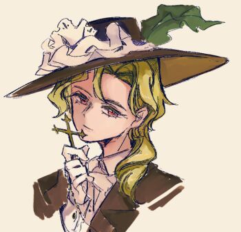 1boy blonde_hair brown_jacket closed_mouth collared_shirt commentary_request cross dolls_in_pseudo_paradise expressionless genderswap genderswap_(ftm) gloves hat holding holding_cross jacket jacket_girl_(dipp) looking_at_viewer medium_hair red_eyes shirt touhou upper_body uzumibi white_gloves white_shirt