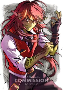 1boy arm_tattoo artist_name black_gloves black_necktie black_pants border cloumello commentary commission cowboy_shot english_commentary fingerless_gloves gloves goblin hair_between_eyes hand_up highres long_hair looking_at_viewer male_focus necktie original pants parted_lips pointy_ears red_eyes red_hair red_vest shirt solo tattoo vest vgen_commission watermark white_border white_shirt