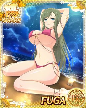 1girl arms_up barefoot beach bikini blue_eyes border breasts card_(medium) cleavage closed_mouth fuga_(senran_kagura) game_cg green_hair holding_own_arm large_breasts long_hair micro_bikini mole mole_under_eye navel night night_sky non-web_source ocean official_alternate_costume official_alternate_hairstyle official_art pink_bikini senran_kagura senran_kagura_new_wave sitting sky smile solo swimsuit