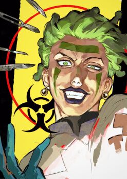 Rule 34 | 1boy, biohazard symbol, blue gloves, cioccolata, earrings, evil grin, evil smile, facepaint, gloves, green eyes, green hair, grin, hashtag-only commentary, highres, jewelry, jojo no kimyou na bouken, lab coat, male focus, purple lips, sansanpai, scalpel, short hair, smile, solo, upper body, vento aureo