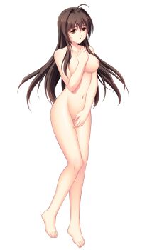 1girl :o ahoge barefoot breasts brown_eyes brown_hair collarbone completely_nude covering_crotch covering_privates full_body game_cg hair_intakes highres large_breasts large_variant_set long_hair maishima_yuri navel nerawareta_megami_tenshi_angel_tear nipples no_pussy non-web_source nude official_art open_mouth solo transparent_background tsukumo_kazuita variant_set