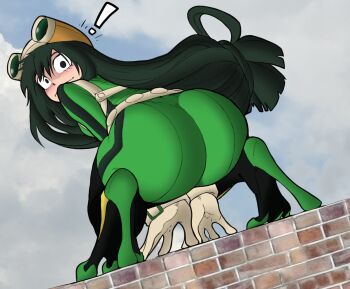 ! 1girl all_fours ass ass_focus asui_tsuyu asui_tsuyu_(hero_outfit) backboob bad_id bad_twitter_id beige_gloves black_eyes bodysuit boku_no_hero_academia breasts demimond23 female_focus gloves goggles goggles_on_head green_bodysuit green_hair hero_outfit_(mha) huge_ass long_hair looking_at_viewer looking_back low-tied_long_hair medium_breasts skin_tight solo source_request split-toe_footwear squatting superhero_costume surprised white_gloves wide_hips
