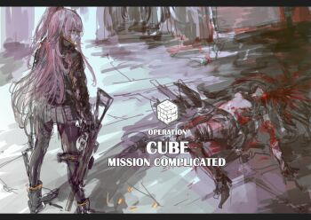 2girls alternate_hair_color assault_rifle black_footwear black_hair black_jacket black_pantyhose blood blood_splatter boots character_request check_character commentary_request corpse english_text exploded_head girls&#039;_frontline grey_skirt gun guro highres holding holding_gun holding_weapon jacket long_hair looking_at_another multiple_girls on_ground one_side_up orange_eyes osakana_(denpa_yun&#039;yun) ouroboros_(girls&#039;_frontline) pantyhose pink_hair profile rifle scene_reference severed_arm severed_limb shadow skirt standing topless_female ump45_(girls&#039;_frontline) weapon