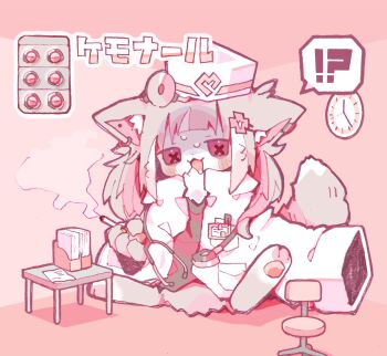 !? 1girl :3 absurdres analog_clock animal_ear_fluff animal_ears animal_feet animal_hands black_shirt body_fur breast_pocket cat_ears cat_tail chair cigarette claws clock coat cross-shaped_pupils doctor drooling ear_piercing full_body furrification furry furry_female giant giantess grey_fur grey_hair hat head_mirror highres holding holding_cigarette long_hair long_sleeves looking_at_viewer medicine mouth_drool multicolored_hair neck_fur nikamoka nurse_cap open_mouth original oversized_clothes paper piercing pink_background pink_eyes pink_hair pink_theme pocket shirt simple_background sitting sleeves_past_fingers sleeves_past_wrists smoke smoke_trail solo speech_bubble spoken_interrobang stethoscope streaked_hair sweat symbol-shaped_pupils table tail white_coat white_fur white_hair
