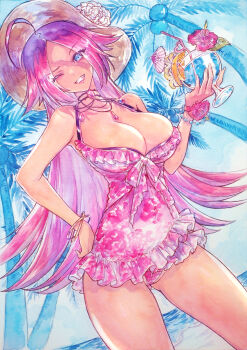 Rule 34 | 1girl, beach, blue eyes, breasts, casual one-piece swimsuit, chikinan tarou, cocktail, drink, fate/extella, fate/extella link, fate/extra, fate/grand order, fate (series), francis drake (captain's glorious summer vacation) (fate), francis drake (fate), frilled one-piece swimsuit, frills, hat, highres, large breasts, long hair, ocean, one-piece swimsuit, one eye closed, outdoors, painting (medium), palm tree, pink hair, solo, swimsuit, traditional media, tree, watercolor (medium)
