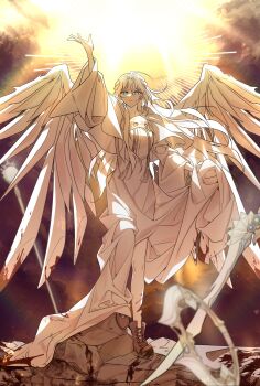 1girl absurdres angel_wings arm_up blood blood_on_clothes blue_eyes brown_shoes drawstring dreaminglum final_fantasy final_fantasy_xiv full_body halo halo_behind_head highres long_hair looking_at_viewer mask mask_around_neck outstretched_arm robe rock shoes skirt_hold solo sophist&#039;s_robe_(ff14) standing sword tassel unworn_mask venat_(ff14) weapon white_hair white_robe wings