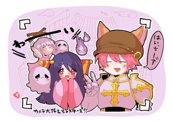 Rule 34 | 1boy, 2girls, :3, animal ear headwear, architecture, armor, bandam, black hair, blush, border, breastplate, brown hat, commentary request, cross, dress, east asian architecture, fake animal ears, fire, gauntlets, ghost, hair ornament, hair stick, hat, hitodama, horong (ragnarok online), long hair, long sleeves, lord knight (ragnarok online), marionette, marionette (ragnarok online), multiple girls, open mouth, pauldrons, pink dress, pink hair, pink shirt, puppet, purple fire, ragnarok masters, ragnarok online, red eyes, sheet ghost, shirt, shoulder armor, shrine, sohee, translation request, upper body, v, viewfinder, whisper (ragnarok online), white border, wide sleeves