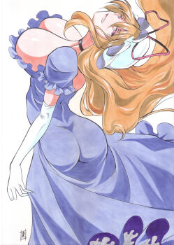 1girl angeldust ass black_choker blonde_hair blue_dress breasts choker cleavage comiket_104 dress elbow_gloves frilled_dress frilled_sleeves frills gloves hat hat_ribbon head_tilt highres large_breasts long_hair looking_at_viewer looking_back mob_cap open_mouth pink_eyes pink_ribbon ribbon short_sleeves sideboob solo touhou traditional_media very_long_hair white_gloves white_hat yakumo_yukari