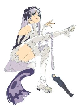 1boy 1girl black_eyes blue_hair boots bow braid commentary_request detached_sleeves faldeus_dioland fate/strange_fake fate_(series) francesca_prelati_(fate) full_body hair_bow highres jacket long_hair long_sleeves pants purple_hair ringed_eyes simple_background sitting standing striped_clothes thigh_boots white_background yamada_yuukei