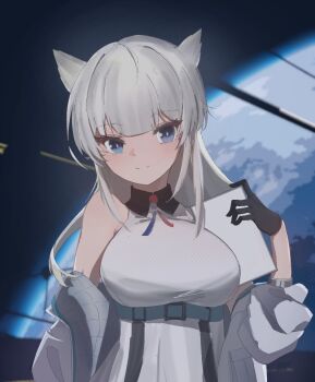 1girl animal_ears arknights arknights:_endfield bare_shoulders black_gloves blue_eyes breasts commentary_request dress gloves jacket long_hair looking_at_viewer off_shoulder open_clothes open_jacket perlica_(arknights) red-233 sky sleeveless sleeveless_dress smile solo upper_body white_dress
