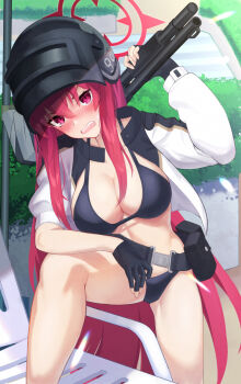 1girl altyn_helmet belt_pouch bikini black_bikini black_helmet blue_archive blush breasts cleavage combat_helmet fingerless_gloves gloves gun halo hand_on_own_knee helmet highres holding holding_gun holding_weapon jacket kdu large_breasts leg_up looking_at_viewer mossberg_590 open_clothes open_jacket pouch rabu_(blue_archive) rabu_(swimsuit)_(blue_archive) red_eyes red_hair red_halo sharp_teeth shotgun swimsuit teeth weapon white_jacket