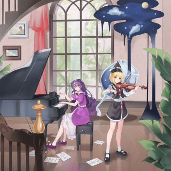 Rule 34 | 2girls, absurdres, ailu elf, black hat, black skirt, black vest, blonde hair, bow, bow (music), bowtie, chinese commentary, chloe ardenne, chloe no requiem, closed mouth, commentary request, crossover, dress, frilled hat, frills, hairband, hat, highres, holding, holding bow (music), holding instrument, holding violin, indoors, instrument, long hair, long sleeves, lunasa prismriver, mary janes, multiple girls, music, pages, piano, pink dress, pink eyes, playing instrument, playing piano, puffy short sleeves, puffy sleeves, purple hair, purple shoes, red bow, red bowtie, shirt, shoes, short hair, short sleeves, skirt, skirt set, smile, socks, touhou, very long hair, vest, violin, white hairband, white shirt, white socks, window, yellow eyes