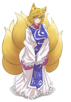 1girl absurdres animal_ear_fluff animal_ears blonde_hair blue_tabard blush breasts collar colored_eyelashes commentary dress fox_ears fox_girl fox_tail frilled_collar frills highres kimleon kitsune kyuubi large_breasts long_sleeves looking_at_viewer multiple_tails no_headwear short_hair simple_background sleeves_past_fingers sleeves_past_wrists smile solo tabard tail touhou white_background white_dress yakumo_ran yellow_eyes
