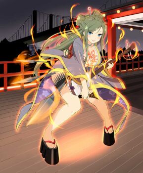 1girl architecture blue_eyes blue_gemstone blush breast_tattoo breasts bridge cleavage datehyogo east_asian_architecture fence flame_tattoo floral_print floral_print_kimono flower_tattoo fuga_(senran_kagura) gem green_hair grey_kimono hair_ornament holding holding_plectrum holster instrument japanese_clothes jewelry kimono kunai large_breasts lipstick long_hair looking_at_viewer makeup mole mole_under_eye music necklace non-web_source official_art okobo platform_clogs platform_sandals playing_instrument plectrum print_kimono red_lips sandals senran_kagura senran_kagura_new_wave shamisen smile solo stage stage_lights standing swept_bangs tattoo thigh_holster thigh_strap v-shaped_eyebrows weapon weapon_in_garters wooden_fence yellow_trim