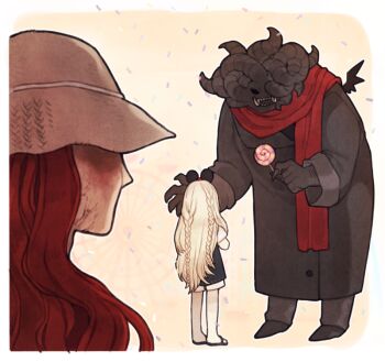 1girl 2boys animal_ears annoyed barefoot black_coat black_eyes black_pants black_skin blonde_hair braid brother_and_sister brothers buttons candy child claws coat colored_skin confetti curled_horns demon_horns demon_wings donar0217 elden_ring fang fangs food fromsoftware hat hidden_eyes horns lollipop long_hair malenia_blade_of_miquella miquella_(elden_ring) mohg_lord_of_blood mouse_ears multiple_boys pale_skin pants red_hair red_scarf sandals scarf shaded_face shirt shoes short_shorts short_sleeves shorts siblings simple_background sun_hat trench_coat twins very_long_hair white_shirt white_shorts wings