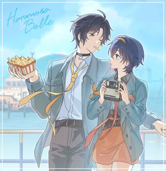1boy 1girl alternate_costume angduuuu_(ghost) asaba_harumasa belle_(zenless_zone_zero) belt black_choker black_hair blue_hair blue_jacket blush camera character_name choker cloud collared_shirt day earrings food french_fries hair_between_eyes hairband hashtag-only_commentary holding holding_camera hollow_(zenless_zone_zero) jacket jewelry mouth_hold neckerchief one_eye_closed open_clothes open_jacket orange_skirt outdoors pants parted_lips railing shirt short_hair skirt sky stud_earrings white_shirt yellow_eyes yellow_neckerchief zenless_zone_zero