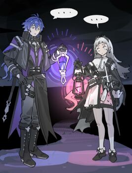 ... 1boy 1girl absurdres arknights black_boots black_gloves black_shoes blue_hair boots closed_mouth crossover ddal flins_(genshin_impact) genshin_impact gloves gradient_hair grey_hair hair_between_eyes hand_on_own_hip highres holding holding_lantern irene_(arknights) lantern long_hair long_sleeves multicolored_hair pants pantyhose rapier scar scar_across_eye scar_on_face shoes simple_background spoken_ellipsis standing sword trait_connection weapon