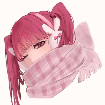 1girl 2025 bleach dokugamine_riruka earmuffs highres long_hair purple_eyes purple_hair scarf simple_background twintails ui_1231 white_background