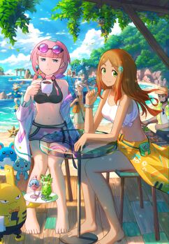 2girls 3boys barefoot blue_eyes bracelet brown_hair closed_mouth cloud commentary_request cooking cup day ear_piercing earrings elekid eyewear_on_head friede_(pokemon) gen_1_pokemon gen_2_pokemon gen_3_pokemon gen_4_pokemon glass_table green_eyes grilling gyarados hair_ornament hand_up highres holding holding_cup jewelry kutsunohito legendary_pokemon long_hair looking_at_viewer ludlow_(pokemon) manaphy marill mollie_(pokemon) multiple_boys multiple_girls murdock_(pokemon) mythical_pokemon navel nintendo orla_(pokemon) outdoors piercing pink_hair pokemon pokemon_(anime) pokemon_(creature) pokemon_horizons sarong sharpedo shirt sidelocks sitting sky smile split_mouth staryu stool sunglasses surfing swimsuit table tied_shirt water white_shirt yellow_sarong