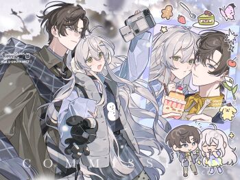 1boy 1girl ahoge blue_eyes blush brown_hair bug butterfly cake cake_slice camera chibi chibi_only closed_mouth coat collared_shirt commission dress evodtonaeco food fork fruit green_eyes grey_hair grey_jacket hair_between_eyes hair_ornament hairclip highres holding holding_camera insect jacket long_hair long_sleeves looking_at_viewer multiple_views open_clothes open_mouth original pants plate scarf shirt short_hair skirt smile snowing snowman strawberry stuffed_animal stuffed_toy sweater very_long_hair