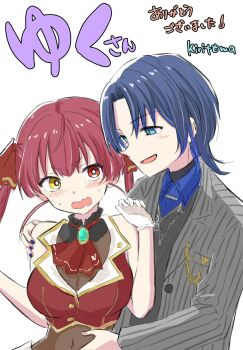 Rule 34 | 2girls, :d, bare shoulders, blue eyes, blue hair, blue nails, blue shirt, blush, breasts, brown leotard, collared shirt, commentary request, covered navel, cropped jacket, ear piercing, fang, gloves, grey jacket, grey vest, hair ribbon, hand on another's shoulder, hands up, heterochromia, highres, hiodoshi ao, hiodoshi ao (1st costume), hololive, hololive dev is, houshou marine, houshou marine (1st costume), jacket, kiritoma, large breasts, leotard, leotard under clothes, multiple girls, nail polish, open mouth, piercing, pinstripe jacket, pinstripe pattern, red eyes, red hair, red jacket, red ribbon, ribbon, see-through cleavage, see-through clothes, shirt, simple background, sleeveless, sleeveless jacket, smile, sweat, translation request, twintails, upper body, vest, virtual youtuber, wavy mouth, white background, white gloves, yellow eyes