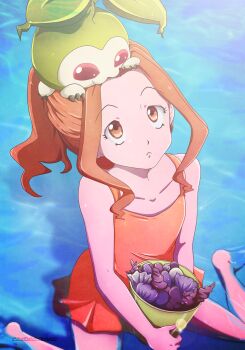 1girl breasts brown_eyes brown_hair digimon digimon_adventure highres long_hair ocean one-piece_swimsuit ponytail shells sitting small_breasts swimsuit tachikawa_mimi tanemon water