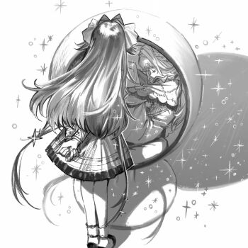 Rule 34 | 2girls, arms behind back, closed eyes, commentary request, dress, facing another, fetal position, full body, greyscale, hair intakes, highres, kani (kaniya), kiperina, long hair, monochrome, multiple girls, own hands together, reverse:1999, shadow, socks, sparkle, standing, voyager (reverse:1999), white background