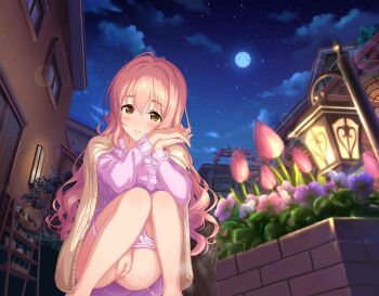 1girl annindoufu_(oicon) blush building censored cloud flower highres idolmaster idolmaster_cinderella_girls lantern lens_flare long_hair long_sleeves looking_at_viewer moon night nightgown nude_filter outdoors own_hands_together panties panty_pull peeing pink_hair plant potted_plant purple_nightgown purple_panties pussy saionji_kotoka sky smile solo squatting star_(sky) starry_sky steam third-party_edit uncensored underwear yellow_eyes