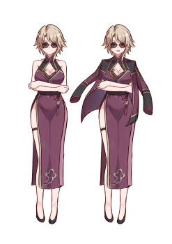 1girl absurdres adapted_costume arms_under_breasts bare_shoulders black_footwear blonde_hair breasts china_dress chinese_clothes cleavage cleavage_cutout closed_mouth clothing_cutout crossed_arms dot_nose dress earrings full_body genderswap genderswap_(mtf) highres honkai:_star_rail honkai_(series) jacket jacket_on_shoulders jewelry jimpu6 large_breasts looking_at_viewer multiple_views open_mouth pelvic_curtain red_dress red_jacket round_eyewear shoes short_hair side_slit simple_background skott_(honkai:_star_rail) sleeveless sleeveless_dress sunglasses thigh_strap white_background