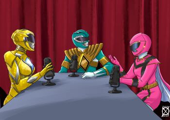 1boy 2girls arm_on_table armlet armor belt belt_buckle bodysuit buckle cape curtains dragon_ranger gloves gold_armlet gold_armor gold_belt gold_trim green_bodysuit green_helmet hand_on_table helmet highres jewelry kyouryuu_sentai_zyuranger magipink mahou_sentai_magiranger microphone microphone_stand mighty_morphin_green_ranger mighty_morphin_power_rangers multiple_girls pantyhose pink_bodysuit pink_cape pink_gloves pink_helmet pink_mystic_ranger pink_skirt podcast power_rangers power_rangers_(movie) power_rangers_mystic_force red_background shoulder_armor signature skirt super_sentai table tokusatsu twitter_username white_gloves white_pantyhose x_pacaud yellow_armor yellow_gloves yellow_helmet yellow_ranger_(movie)