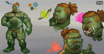 1boy abs bara bare_pectorals beard belly belly_grab blush bulge chivo_(kalchivo) colored_skin completely_nude cum cum_in_mouth cum_on_body denim_overalls dreadlocks energy_ball face_piercing facial facial_hair farmer fat fat_man flaccid frown full_beard full_body green_skin hairy hand_on_own_chin highres huge_eyebrows index_finger_raised large_pectorals looking_at_viewer male_focus male_pubic_hair mature_male monster_boy multiple_expressions multiple_views muscular muscular_male mustache navel_hair nipple_piercing nipple_rings nipples nose_piercing nose_ring nude orange_hair orc original overalls pectorals penis piercing pointing pointing_forward pointy_ears pubic_hair reference_sheet second-party_source smile sparse_arm_hair standing stroking_own_chin strongman_waist thick_chest_hair thick_leg_hair thick_mustache thick_thighs thighs torn_clothes torn_overalls tusks ugly_bastard uncensored undercut vael_(bulph)