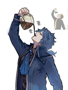 1boy absurdres ascot black_shirt blue_ascot blue_coat blue_gemstone blue_hair brooch chesed_(project_moon) coat coffee coffee_pot collared_coat collared_shirt drinking gem highres holding_jug jewelry jjim library_of_ruina long_hair long_sleeves low_ponytail male_focus open_mouth parted_bangs ponytail project_moon shirt simple_background solo upper_body white_background