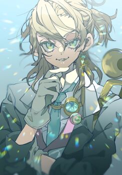 1boy :3 aqua_eyes blonde_hair blue_necktie eyewear_around_neck fang finger_to_own_chin floating_hair gloves green_eyes half-closed_eye head_tilt identity_v jacket light_particles luca_balsa luca_balsa_(paranormal_detective) male_focus medium_hair minotackle multicolored_eyes necktie official_alternate_costume one_eye_closed one_side_up pink_vest shirt single_hair_intake solo straight-on two-tone_eyes upper_body vest white_gloves white_jacket white_shirt