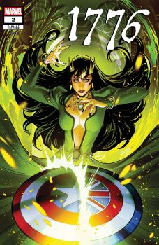 Rule 34 | 1girl, absurdres, avengers (series), black hair, black nails, bracelet, breasts, cleavage, cleavage cutout, clothing cutout, comic cover, company name, copyright logo, copyright name, cover, cover page, dress, earrings, floating clothes, floating hair, gold tiara, green background, green dress, green eyes, highres, jewelry, large breasts, logo, long hair, looking at viewer, lukas werneck, magic circle, marvel, midriff, morgan le fay (marvel), necklace, official art, parted lips, red lips, shield, signature, skull, skull necklace, solo, star (symbol), stomach cutout, tiara, union jack, upper body, very long hair, western comics (style)