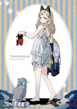 1girl animal animal_ears back_bow barefoot blonde_hair blue_bow bow cat closed_mouth coat commission eyelashes full_body fusuma_(nohbrk) green_eyes hair_ornament hairpin high_heels highres holding holding_shoes holding_unworn_clothes long_hair looking_at_viewer looking_back original pile shirt shoes shorts signature solo standing unworn_shoes watermark white_bow