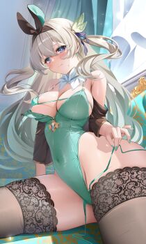 1girl alternate_costume aqua_leotard aqua_nails bikini black_hairband black_thighhighs breasts commentary_request covered_navel curtains firefly_(honkai:_star_rail) grey_hair hairband highres hino_kagutsuki holding_strap honkai:_star_rail honkai_(series) indoors large_breasts leotard long_hair micro_bikini panty_straps parted_lips solo swimsuit thighhighs thighs variant_set wardrobe_malfunction