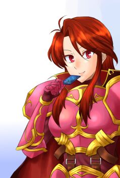 Rule 34 | 1girl, armor, blue background, breasts, brown hair, cape, card, commentary request, fire emblem, fire emblem: mystery of the emblem, fire emblem cipher, gradient background, holding, holding card, large breasts, long hair, looking at viewer, needlearm, nintendo, pauldrons, pink armor, red cape, red eyes, sheena (fire emblem), shoulder armor, smile, solo, upper body, white background