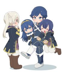 Rule 34 | 2boys, 2girls, :o, black coat, blue eyes, blue gloves, blue hair, blue pants, blush, boots, brand of the exalt, brown footwear, carrying, carrying under arm, chrom (fire emblem), coat, covering own mouth, family, fingerless gloves, fire emblem, fire emblem awakening, full body, gloves, hair between eyes, highres, long hair, long sleeves, lucina (fire emblem), morgan (fire emblem), morgan (male) (fire emblem), multiple boys, multiple girls, nintendo, open clothes, open coat, pants, robin (female) (fire emblem), robin (fire emblem), rukinya nya, short hair, symbol in eye, tiara, twintails, white background, white hair, white pants, yellow eyes