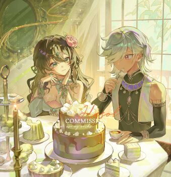 1boy 1girl arabian_clothes bare_shoulders black_shirt breasts bridal_gauntlets brown_hair cake cake_slice candle cleavage closed_mouth commentary cup curtains cyno_(genshin_impact) dark-skinned_male dark_skin detached_sleeves dress drinking_glass earrings eating flower food fork gem genshin_impact gold_trim green_eyes green_gem green_hair hair_between_eyes hair_flower hair_ornament hair_over_one_eye highres holding holding_cup holding_fork indoors jewelry long_hair long_sleeves looking_at_another macaron oc_x_canon original pink_flower plate q_(llll4414_j) red_eyes rose shirt sitting sleeveless smile swept_bangs table teacup tiered_tray upper_body white_hair window