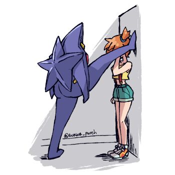 1girl absurdres arm_at_side commentary_request foot_kabedon from_side gen_1_pokemon green_shorts hand_up highres kabedon knees korean_commentary mega_starmie misty_(pokemon) nintendo one_side_up orange_hair pokemon pokemon_(anime) pokemon_(classic_anime) pokemon_(creature) shirt shoes short_hair shorts sleeveless sleeveless_shirt standing starmie suspenders twitter_username wawa_punch yellow_shirt