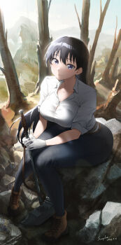 1girl absurdres ankle_boots arato_nagi artist_name ass belt black_hair blue_eyes blue_pants boots breasts brown_belt brown_boots bursting_breasts button_gap character_name cleavage closed_mouth collarbone collared_shirt commentary_request dated denim earrings elbow_sleeve eyelashes forest full_body hair_between_eyes hammer highres holding holding_hammer jeans jewelry large_breasts light_blush long_hair looking_at_viewer nature on_rock pants ruri_no_houseki senegalus_c shirt signature sitting skinny_jeans sledgehammer smile solo swept_bangs thighs white_shirt work_boots