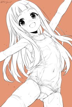 1girl :d alternate_hairstyle armpits blunt_bangs blush cameltoe commentary_request covered_navel cowboy_shot dot_nose flat_chest highres idolmaster idolmaster_cinderella_girls igarashi_kei lineart loli long_hair looking_at_viewer monochrome nose_blush old_school_swimsuit one-piece_swimsuit open_mouth orange_background outstretched_arms school_swimsuit sidelocks simple_background smile solo standing swimsuit thighhighs twitter_username wet yokoyama_chika