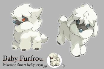 ^_^ animal_focus artist_name baby_animal character_name closed_eyes copyright_name english_text facing_viewer full_body furfrou gen_6_pokemon grey_background half-closed_eyes looking_at_viewer multiple_views neck_fur nintendo no_humans pixel_art_inset pokemon pokemon_(creature) red_eyes signature simple_background standing twitter_username yueryu_(taroyuer2)