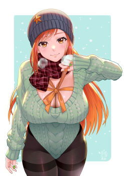 1girl beanie black_pantyhose border breasts christmas cleavage closed_mouth commentary_request ge_xi green_background green_leotard green_nails green_sweater hat heavy_breathing highleg highleg_leotard highres knit_hat large_breasts leotard lien_ai-chiang long_hair looking_at_viewer nail_polish orange_eyes orange_hair orange_nails pantyhose plaid_clothes plaid_scarf ribbed_leotard scarf sleeves_past_wrists smile solo sweater thighband_pantyhose white_border witches_in_7th_base