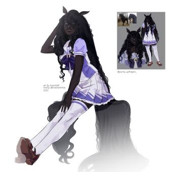 1girl absurdly_long_hair absurdres animal_ears arm_behind_head black_hair blue_bow bow brown_shoes closed_mouth commentary dark-skinned_female dark_skin english_commentary friesian_horse_girl frilled_skirt frills full_body hair_between_eyes hand_on_own_leg highres horse_ears horse_girl horseshoe_ornament invisible_chair lips long_hair looking_at_viewer mary_janes moondoll personification pleated_skirt puffy_short_sleeves puffy_sleeves purple_eyes purple_sailor_collar purple_sleeves reference_inset sailor_collar school_uniform shoes short_sleeves simple_background sitting skirt solo thighhighs tracen_school_uniform umamusume very_long_hair wavy_hair white_background white_skirt white_thighhighs