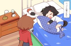 Rule 34 | 2girls, animal ears, bed, black hair, black pants, blue shorts, blush stickers, brown hair, chibi, closed eyes, ears down, gomashio (goma feet), hair ornament, hairclip, hood, hood down, hoodie, horse ears, horse girl, horse tail, hugging object, indoors, layered sleeves, long sleeves, lying, multiple girls, narita taishin (umamusume), on bed, on side, open mouth, pants, pillow, red hoodie, shirt, short over long sleeves, short sleeves, shorts, sleeves past wrists, squiggle, standing, stuffed animal, stuffed toy, swept bangs, tail, translation request, umamusume, white shirt, winning ticket (umamusume), wooden floor